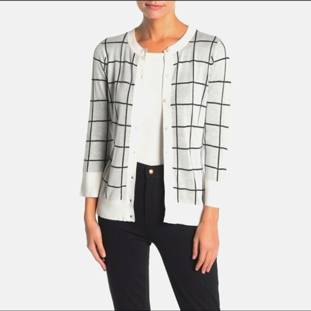 🫟 HALOGEN - NWT, Ivory/Blue Windowpane Style Cardigan, Sz M